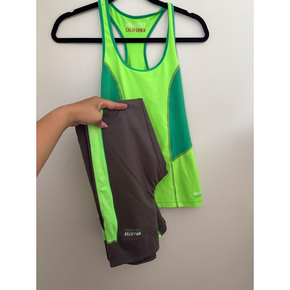 Hollister California Athletic Tank Top‎ & Leggings Set Neon Green Gray Women's S
